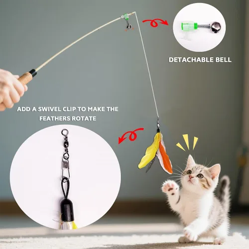 Vista 4 de 10 piezas de repuesto de plumas para gato, varita de repuesto para gatos con clip y campana extraíble, juguetes de plumas para gatos