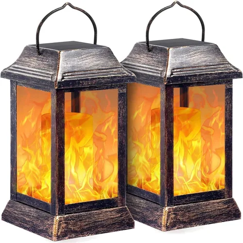 Vista 11 de TomCare Luces solares de metal con llama parpadeante para exteriores, faroles colgantes para exteriores, iluminación decorativa, funciona
