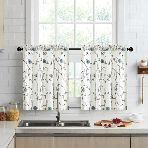 Vista 39 de VOGOL Cortinas de Nivel para Cocina para Ventana, Flores Azules y Enredaderas Bordadas Cortina de 24 Pulgadas de Largo, Cortinas Cortas Tratamiento