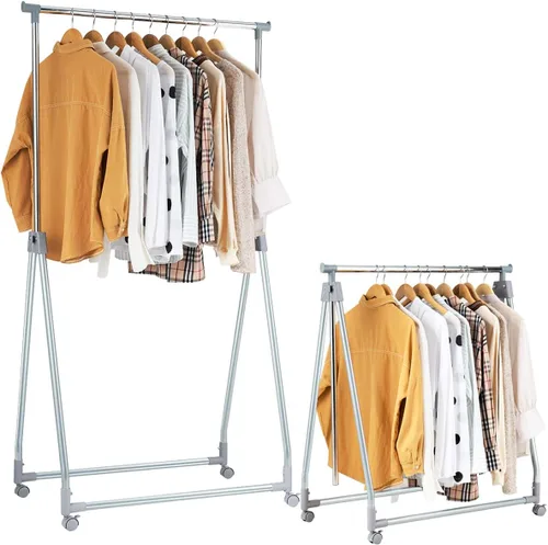 Vista 6 de Tangkula Perchero extensible para ropa, resistente y plegable con barra para colgar ajustable, colgador de ropa rodante para oficina en casa