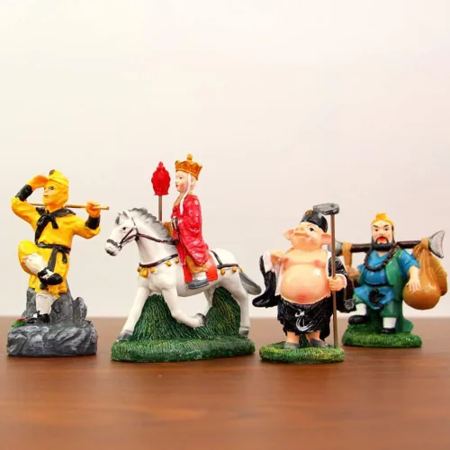 Vista 2 de 4 piezas de estatua de viaje al oeste, figura de Sun Wukong, escultura de monje de Buda de resina para decoración de oficina en casa, regalos
