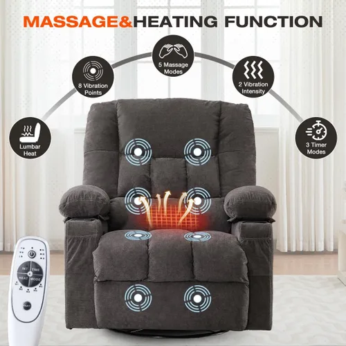 Vista 3 de Silla reclinable giratoria para adultos, reclinable de gran tamaño con masaje por vibración y calor lumbar, mecedora ergonómica con bolsillo