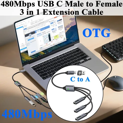 Vista 4 de QIANRENON Cable de extensión USB C 1 a 3 1 en 3 tipo C 2.0 macho a 3 hembra, con adaptador C a A Convertir USB2.0 macho a 3 USB C hembra ca-ble