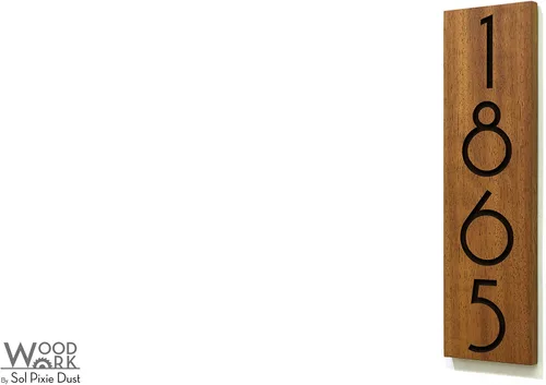 Vista 3 de Modern Hotel - Apartment Door Sign Vertical - Solid Wood African Teak Iroko with Laser Engraving - Wall mounted Room Number - Art Deco Font
