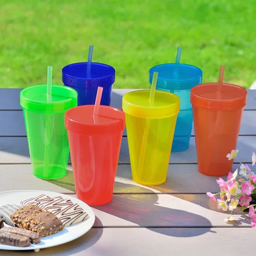 Vista 3 de Youngever 9 juegos de vasos de plástico de 16 onzas con tapas y pajitas, vasos de plástico reutilizables con pajitas (colores arcoíris)