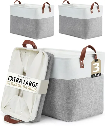 Vista 13 de DECOMOMO Cestas de almacenamiento extra grandes, contenedores de almacenamiento de tela con asas para organizar estantes, juguetes, guardería, Beige