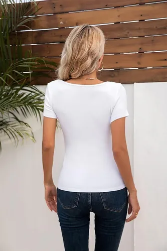 Vista 3 de VICHYIE Camisas de verano para mujer, cuello redondo, manga corta, acanaladas, ajustadas, casuales, básicas