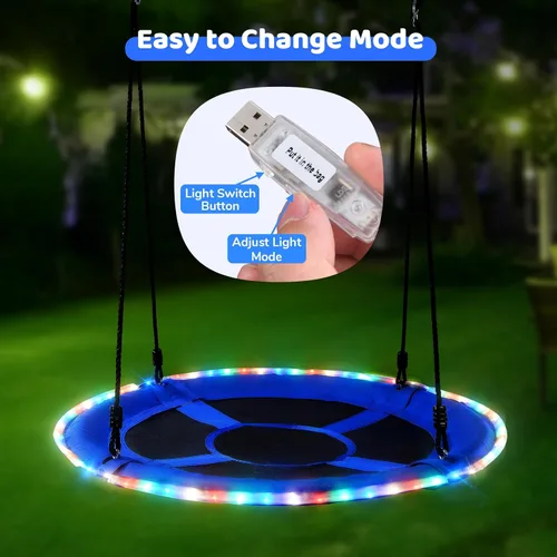 Vista 3 de Trekassy Columpio de árbol de platillo de 40 pulgadas con luces LED para niños y adultos, al aire libre, 2 correas para colgar en árboles, color azul