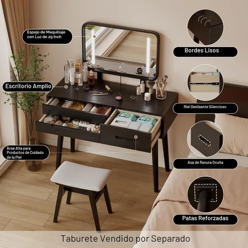Vista 5 de Tocador de madera maciza con espejo y luces, brillo ajustable, tocador de maquillaje de madera con 3 cajones, semiensamblado, escritorio de tocador