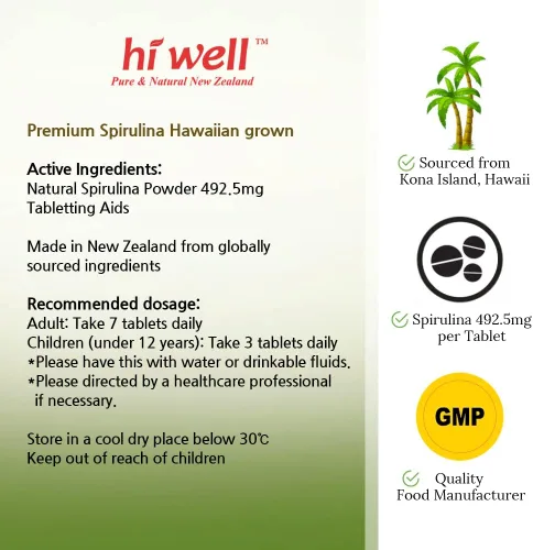 Vista 5 de Hi Well Premium Spirulina Hawaiian Grown 500Tablets