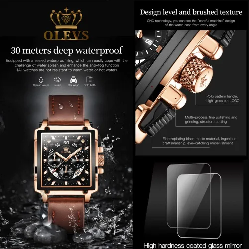 Vista 3 de OLEVS Reloj multifunción de cuero para hombre, reloj cuadrado clásico de cuarzo, para hombre