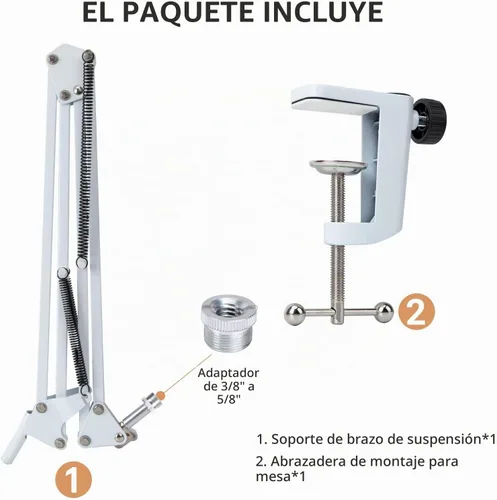 Vista 5 de SUNMON Brazo de Boom Blanco para Fifine AM8 - Brazo de Micrófono Compatible con Micrófono Fifine, Clip Adaptador de Tornillo de 3/8" a 5/8