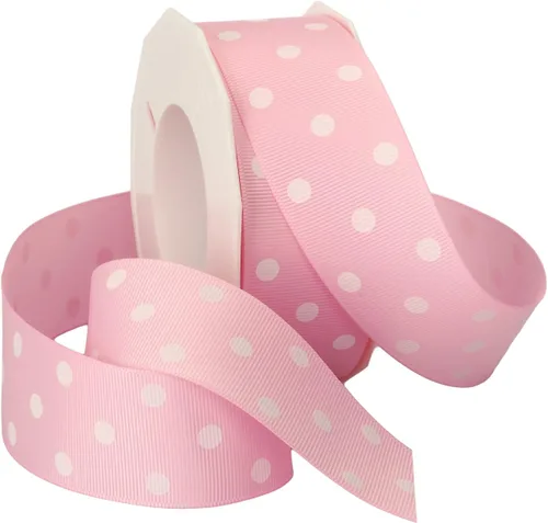 Vista 6 de Morex Ribbon grogrén cinta, 1 1/2" x 20 yardas, Socking Rosa con Blanco puntos (3908.38/20-175)