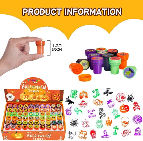 Vista 2 de 120 sellos de Halloween para niños a granel, juguetes autoentintados para fiesta de truco o trato, varios sellos de calabaza, fantasma, araña
