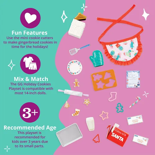 Vista 4 de Glitter Girls Accesorios para muñecas de 14 pulgadas - Juego de galletas navideñas - Juego de 23 piezas para hornear - Delantal, guante de horno