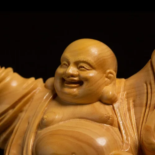 Vista 3 de Estatua de Buda riendo de Feng Shui para la felicidad de la suerte, Dios de la riqueza, estatuas budistas y esculturas de madera maciza, decoración