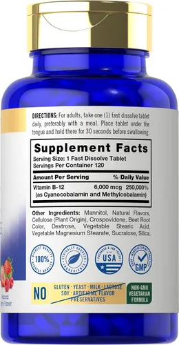 Vista 2 de Carlyle Vitamina B-12 6000mcg 120 tabletas de disolución rápida Sabor natural de bayas Cianocobalamina y metilcobalamina Suplemento