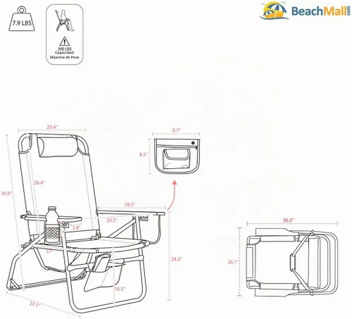 Vista 2 de Silla de playa de lujo XL ancha y alta de aluminio, plegable, de alta resistencia, de 17 pulgadas, para adultos, carga de 300 libras Azul Claro