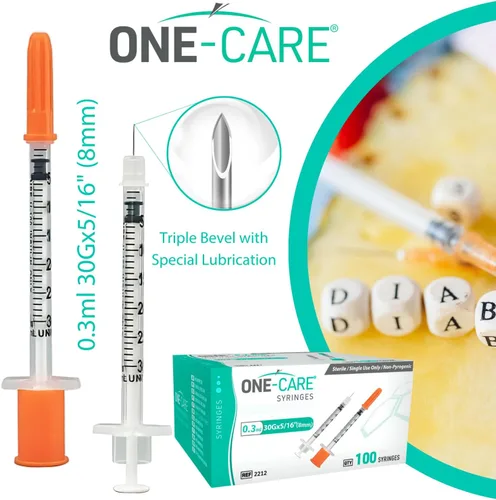Vista 8 de Jeringa ONE-CARE de 0.0 fl oz/cc, 30G x 5/16" (8mm), tapa naranja, 100 piezas/caja Fine Tip, Home & Lab Use, Clear Barrel, Bold Scale, Smooth