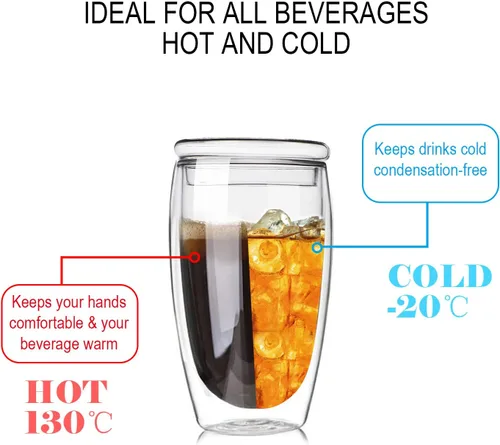 Vista 5 de Taza de café de vidrio de borosilicato de doble pared para café caliente o helado, leche, té (15 onzas)