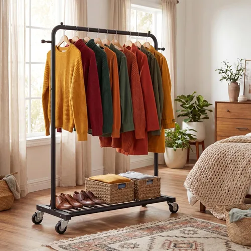 Vista 6 de Sywhitta Perchero con ruedas con estante de almacenamiento de malla y marco de metal resistente, perchero con ruedas para colgar ropa, abrigos