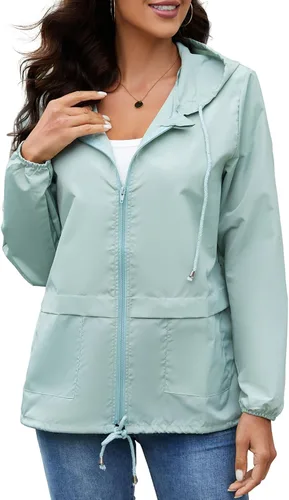 Vista 2 de Chubasqueros para mujer, rompevientos, impermeable, ligera, con capucha, para exteriores, tallas S-XXL