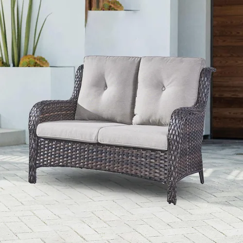 Vista 10 de Sofá de lujo para patio al aire libre, sofá de mimbre resistente para todo tipo de clima, sofá de 3 plazas con asiento profundo y funda extraíble