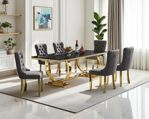 Vista 25 de Juego de mesa de comedor de mármol de 68.11 pulgadas para 4, moderna mesa de comedor de mármol sintético con 4 sillas de comedor de terciopelo