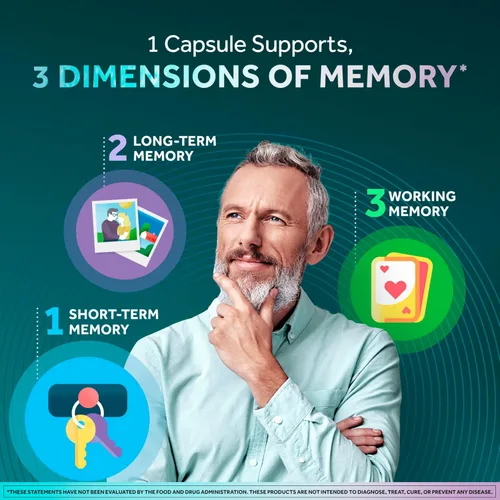 Vista 2 de NEURIVA Suplemento Cerebral 3D para la Memoria - Cápsulas Nootrópicas Descafeinadas para Memoria, Enfoque y Función Cognitiva - Apoyo a la Memoria a