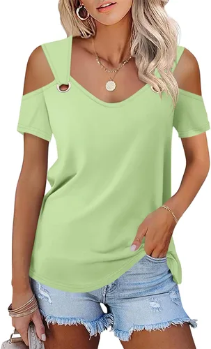 Vista 21 de Minetom - Camisetas básicas de verano para mujer, de manga corta, con hombros descubiertos y cuello en V