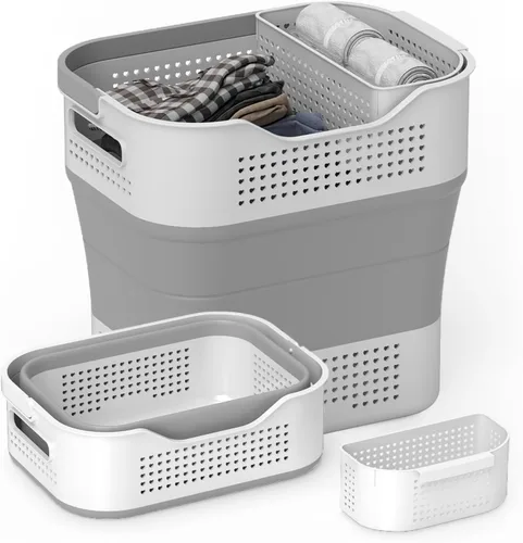 Vista 9 de TECHMILLY - Canasta plegable de plástico para la ropa sucia con asas, cesto portátil de 35L de goma, contenedor/organizador desplegable con cesta
