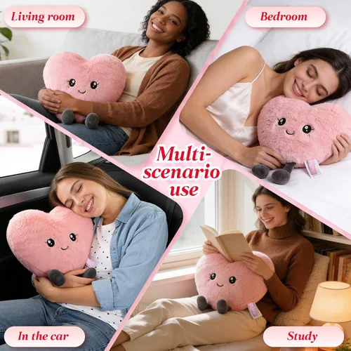 Vista 4 de Almohada de corazón rosa de 11.8 pulgadas, almohada de amor, bonita felpa, almohadas de corazón para vivir, animales de peluche aptos