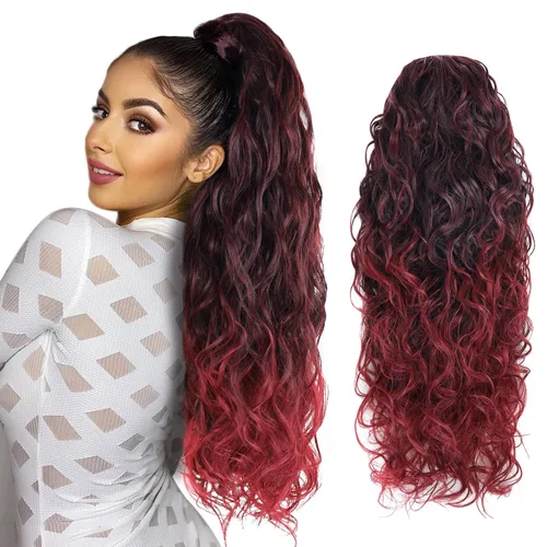 Vista 11 de Extensiones de cabello ombré 1B/27, cola de caballo para mujeres negras, extensiones de cola de caballo largas onduladas con cordón, extensiones