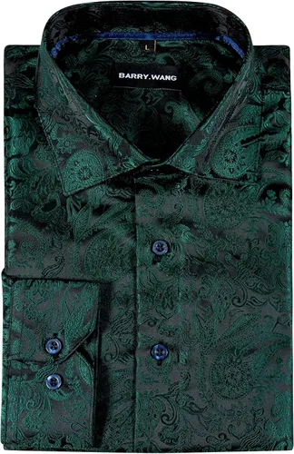Vista 6 de Barry.Wang Camisas casuales para hombre, camisa de vestir de manga larga con estampado de cachemira de seda para fiesta de negocios, tejido