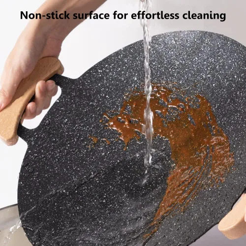 Vista 6 de Sartén coreana con revestimiento antiadherente, sartén redonda de hierro fundido de 10 pulgadas con 2 soportes de madera, compatible con inducción