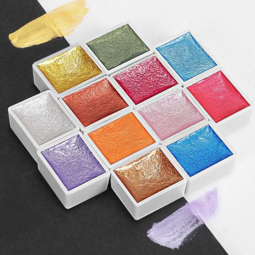 Vista 7 de Emooqi Juego de pinturas de acuarela, pintura sólida de acuarela con purpurina metálica, incluye 12 colores metálicos con purpurina, 2 pinceles