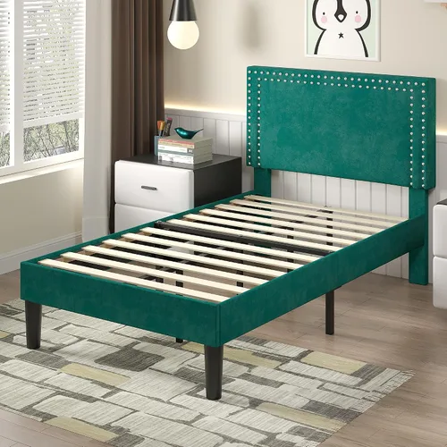 Vista 133 de VECELO Base de cama de plataforma de tamaño individual con cabecera tapizada de altura ajustable, base de colchón moderna, soporte de listones