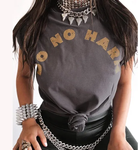 Vista 4 de YfiDSJFGJ Camisetas para mujer, cuello redondo, manga corta, punk, abertura lateral, camiseta