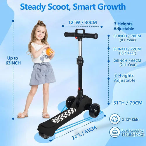 Vista 4 de Electric Scooter for Kids Ages 3-12, 3 Adjustable Heights, 5MPH Safe Speed Negro