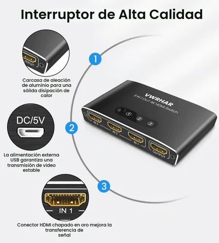 Vista 7 de Interruptor HDMI 3 en 1 Salida 4K UHD HDMI Switcher Splitter, interruptor automático con control remoto de metal HDMI Switch Box Hub Soporte 4K 3D