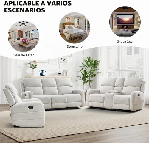 Vista 6 de EBELLO Juego de sofá reclinable manual para sala de estar, sofá reclinable de tela suave para sala de reuniones, respaldo y apoyabrazos acolchados