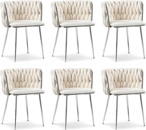 Vista 24 de Juego de 2 sillas de comedor de terciopelo, sillas laterales tapizadas tejidas con patas de metal negro, sillas decorativas modernas, sillas