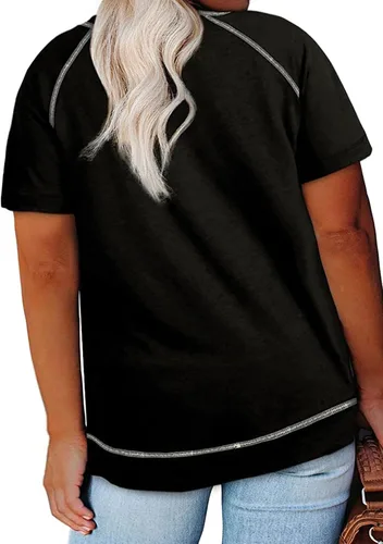 Vista 7 de Eytino Blusas de talla grande para mujer, cuello en V, manga corta, a rayas, casual, holgada, con bolsillo (1X-5X)