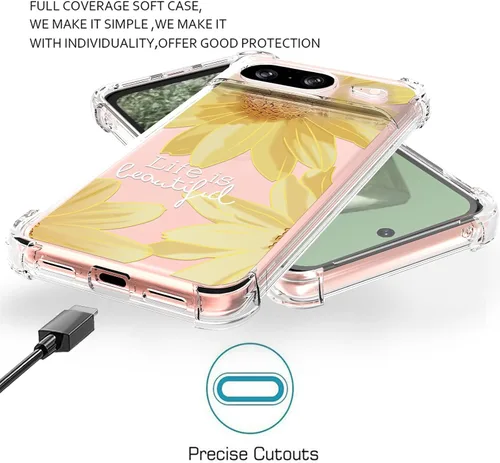 Vista 5 de Osophter Funda para Google Pixel 8A: funda de goma TPU flexible para absorción de impactos y flores para mujeres y niñas (flor de sol grande)