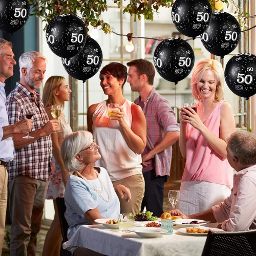Vista 6 de Gejoy 36 globos negros de 12 pulgadas para cumpleaños de 50 años, decoraciones de fiesta de 50 años, globos de látex para hombres y mujeres
