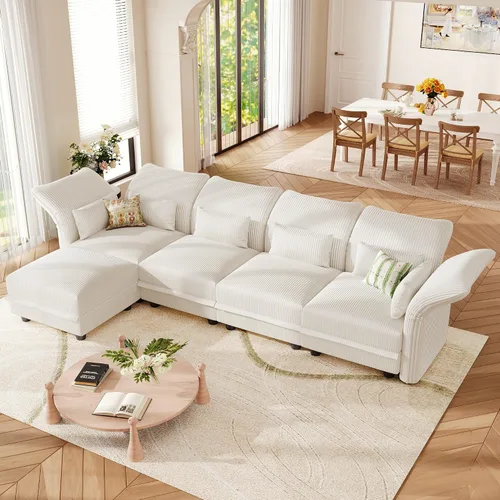 Vista 3 de LLappuil - Sofá seccional en forma de L con almacenamiento, sofás seccionales modulares beige de pana para sala de estar con brazos y respaldos Pana