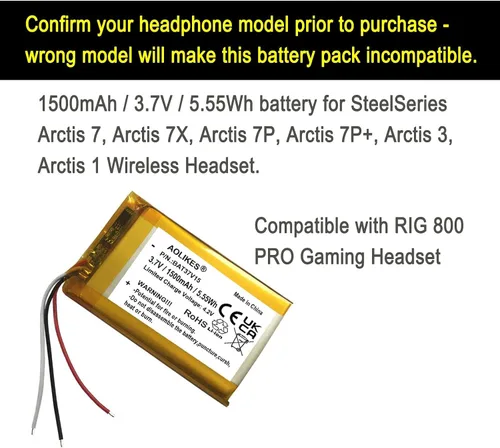 Vista 2 de AOLIKES Batería de repuesto de 1500mAh 3.7V 503759 para auriculares inalámbricos SteelSeries Arctis 7/Arctis 7X/Arctis 7P/Arctis 7P+/Arctis 3/Arctis