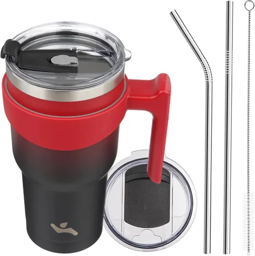 Vista 14 de Konokyo - Vaso de 10 onzas con asa y 2 popotes, 2 tapas, botella de agua aislada de acero inoxidable, taza de viaje reutilizable, color verde militar