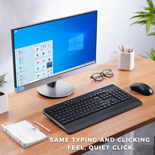 Vista 2 de KOPJIPPOM Juego de teclado y mouse inalámbricos con teclas silenciosas, teclado ergonómico de tamaño completo 2.4G con reposamuñecas, fundas Negro