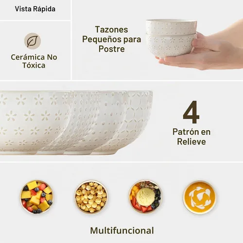 Vista 5 de MALACASA Tazones Pequeños, Tazón para Helado de 14 Onzas, Juego de 4 Tazones de Gres para Postre con Relieve para Aperitivos, Papas Fritas, Frutas